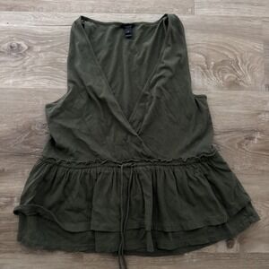 J Crew medium army green sleeveless shirt faux wrap sleeveless deep v  safari